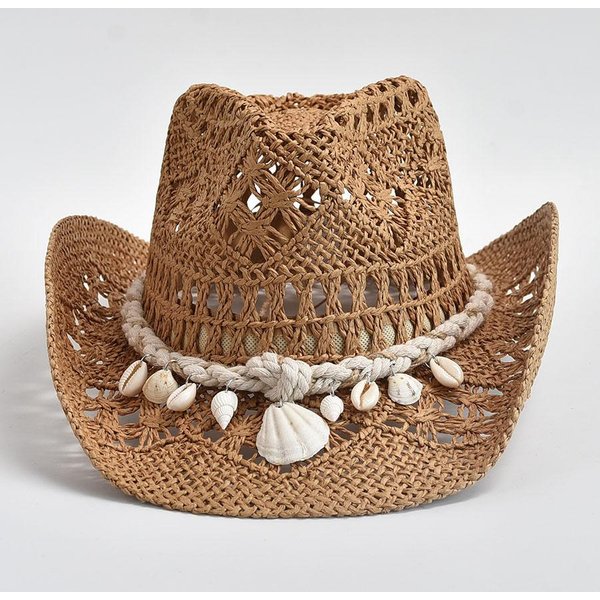 Sombrero De Paja Tejido A Mano De Verano Para Mujer DecoracióN De Conchas Sombrero De Sol Para Vacaciones En La Playa Chapeu Panama Femenino One Size Caqui-image
