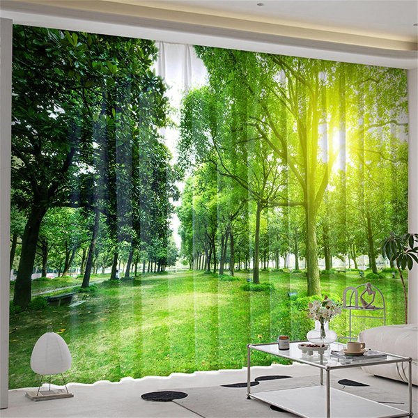 Cortinas Con DiseñO De Paisaje Natural, Bosque, CéSped, áRbol, Para Sala De Estar, Dormitorio, BañO, Cocina, Puerta, DecoracióN Del Hogar, 2 Unidades W85X200H(Cm)X2Pcs&Grommet Top-image