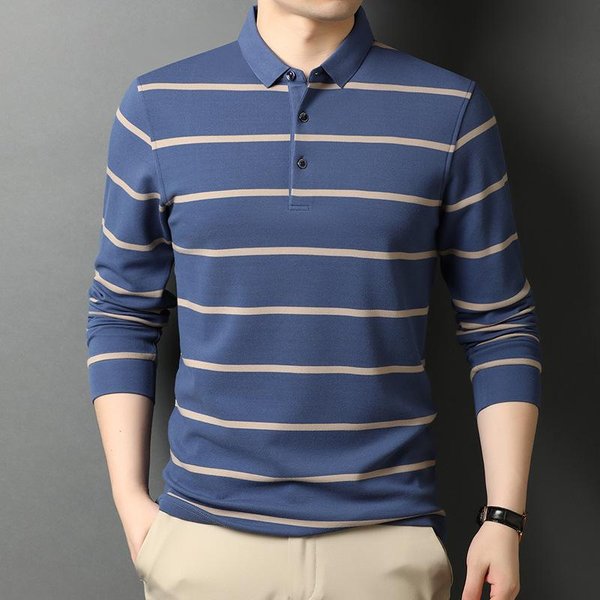 Primavera Nuevo AlgodóN Hombre Manga Larga Cuello Polo Rayas Camiseta Moderna Casual Moda Hombre Camiseta XXL-image