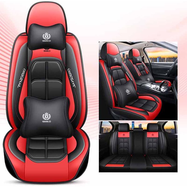 CojíN De Asiento De Coche De Cuero De Paquete Completo De 5 Plazas, Funda De Asiento Universal Para Cuatro Estaciones, Funda De Asiento Para SedáN Y SUV Deluxe Model Rojo-image