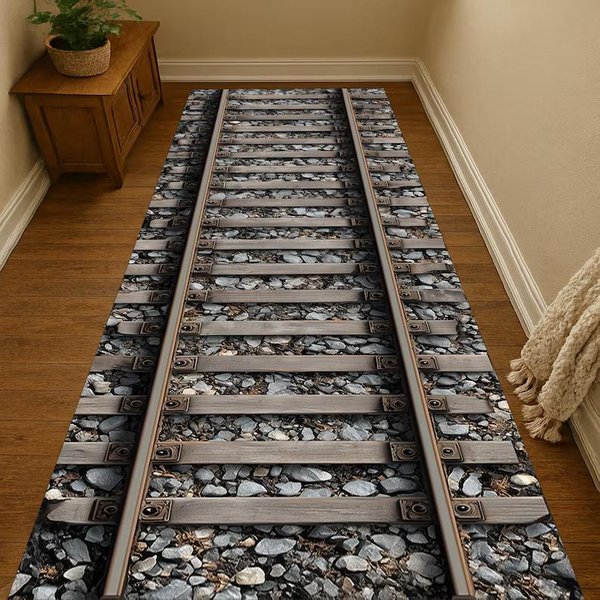 Dywanik Mat Dywanik Z Wzorem Tory Kolejowe 3D Realistyczny WzóR Kolejowy AntypośLizgowy Dekoracja Domu Do Salonu Sypialni Dekoracja Salonu 40X120Cm(16X47In)-image