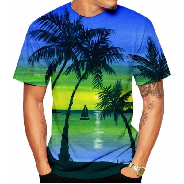 Letni Hawajski Krajobraz Nadruk 3D T-Shirty Streetwear Moda MęSka Oversize OkrąGłY Dekolt KróTki RęKaw T-Shirt Koszulki Topy Odzież 2XL Black-image