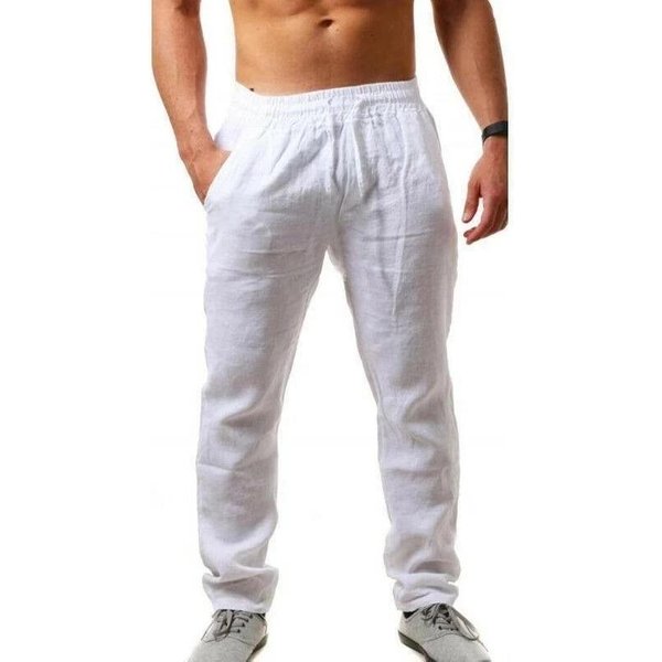 Pantalones De Lino Y AlgodóN Para Hombre, Pantalones De Lino Transpirables De Color SóLido, Ropa De Calle Deportiva, S-3XL, OtoñO M Blanco-image
