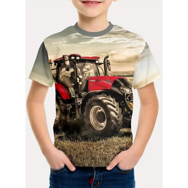 Fajna Koszulka ChłOpięCa Z Nadrukiem Traktora 3D Odzież DziecięCa T-Shirt KróTki RęKaw Modna Letnia Odzież DziecięCa Odzież Dla Aktywnych Dzieci Na ZewnąTrz 140-image