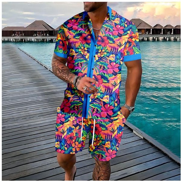Codzienny I Modny Letni MęSki Zestaw Koszuli Z Nadrukiem 3D W Kwiaty Koszula Z KróTkim RęKawem Codzienne Szorty PlażOwe Streetwear Garnitur Hawajski XXL Brown-image
