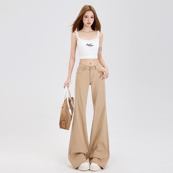 Pantalones Vaqueros Para Mujer Sin Perneras, Pantalones De Campana Para Mujer, Pantalones Ligeramente Acampanados Para Mujer, Adelgazantes Y Holgados XL Beige-image