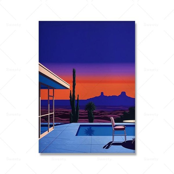 Nagai Hiroshi Palm Springs ZachóD SłOńCa W Basenie Drukowanie Vintage JapońSki Plakat Pop Dekoracja WnęTrz Malarstwo śCienne Na PłóTnie 21Cm×30Cm Noframe Blue-image