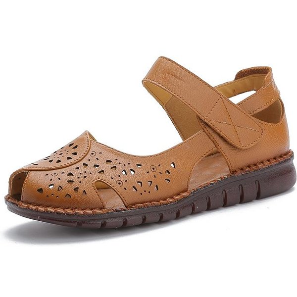 Nuevas Sandalias De Verano De Cuero Genuino Con Boca De Pez Para Mujer Agujero Hueco Suela Blanda Madre CóModas Suela Plana Transpirables Zapatos De Mujer Antideslizantes 35-image