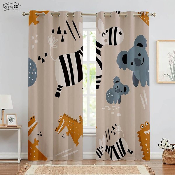 Cortinas De Animales De Alta Calidad Conejo Ciervo Zorro Gato Koala Elefante Jirafa Tigre LeóN Cocodrilo Cortinas Blackout Aislamiento TéRmico W100Xh130(Cm) Folio&Rod Pocket-image