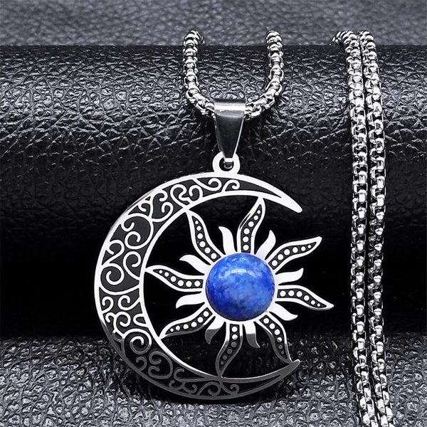 Collar GóTico Luna Sol Pentagrama Acero Inoxidable Circonita JoyeríA Con Colgante De Media Luna Invisible-image