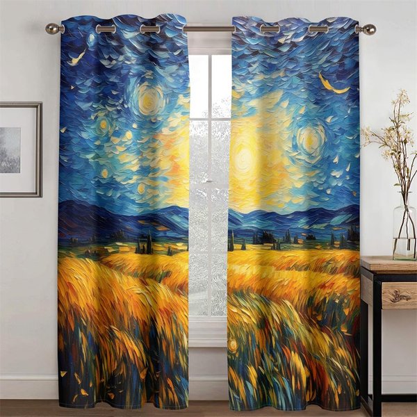 Sielankowy Obraz Olejny Van Gogha Kraina SnóW ZasłOny NowośCi 2 Szt. Pasują Do Salonu Sypialni Kuchni Balkonu Dekoracja Okna 50W130H(Cm)X2Pcs&Grommet Top-image