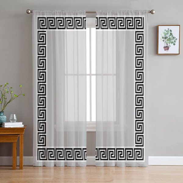 Cortinas Voile Transparentes Con PatróN GeoméTrico Rojo De Llave Griega Para Ventana De SalóN, Cortina De Tul De ChifóN Para Cocina, Dormitorio, Cortinas Decorativas Para El Hogar 135W X 114H(Cm)-image