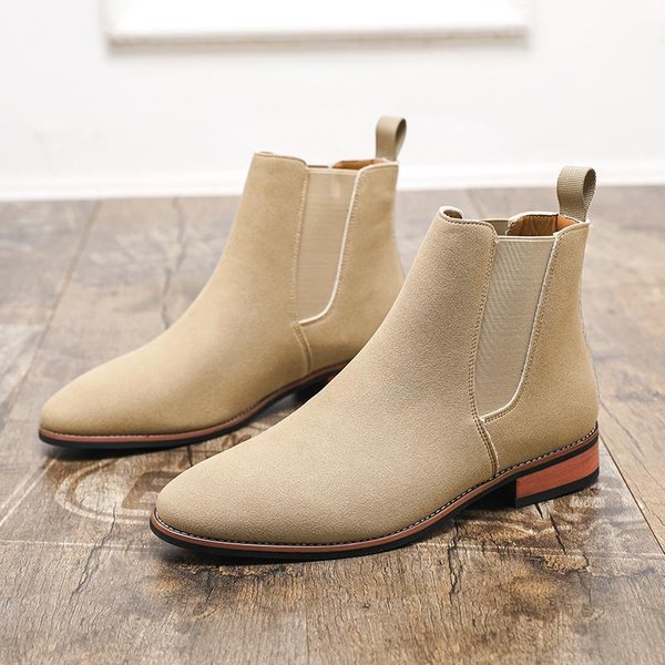 Moda Invierno Hombre Estilo BritáNico Slip On Botines Chelsea Cuero De Ante Moda BotíN Tobillero Masculino Casual Botas Cortas Zapatos De CañA Alta 39 Beige-image