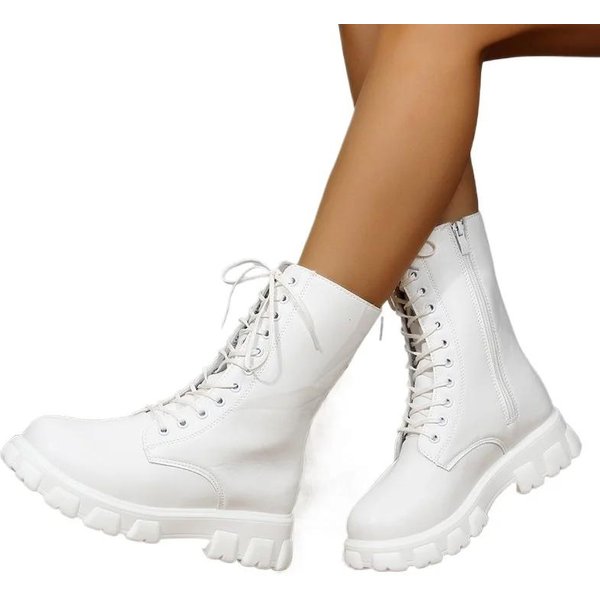 Venta Caliente Zapatos De Dama Media CañA Botas De Mujer Talla Grande Botas Modernas Mujer Cordones Punta Redonda TacóN Medio Cremallera Lateral Zapatos Femeninos 39 Blanco-image