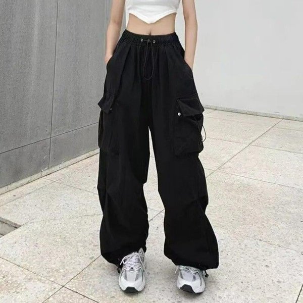 Vintage LuźNe Spodnie Cargo Damskie LuźNe Na Co Dzień Proste Spodnie Moda Szerokie Nogawki Kieszenie Biegaczy Y2K Streetwear Spodnie 28958 L-image