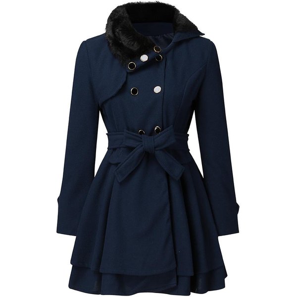 Abrigo De Lana Falda Grande Cuello De Piel Abrigo De OtoñO E Invierno Para Mujer Gabardina De Lana De Doble Botonadura 5XL Blue-image