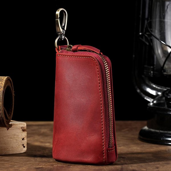 SkóRzany Etui Na Klucze Ze SkóRy Crazy Horse Do PrzypięCia KarabińCzykiem, Vintage Koszyczek Z Zamkiem Na Klucze, Organizer Na Klucze Do Torebki, Portfel, Unisex-image