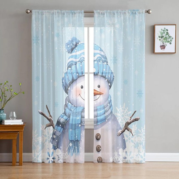Copos De Nieve De Navidad MuñEco De Nieve Cortinas Azules Transparentes Para DecoracióN De Sala De Estar Cortinas De Ventana Cocina Cortinas De Tul Voile W135 X H115Cm X1-image