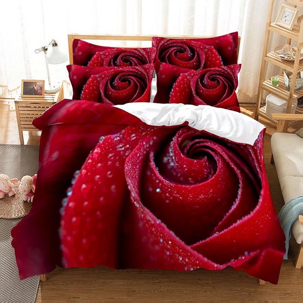 Czerwona RóżA 3D Komplet PośCieli Rozmiar Queen Poszewka Na KołDrę Druk Cyfrowy Modny Design MięKka Wygodna PośCiel AU Single(140X210Cm)-image