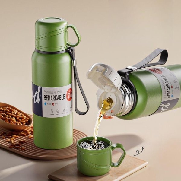 Termo Botella Termo De Acero Inoxidable De 2L Gran Capacidad Botella De Agua TéRmica FríA Y Taza TéRmica Termo Frasco De VacíO Aislado 1500Ml Verde-image