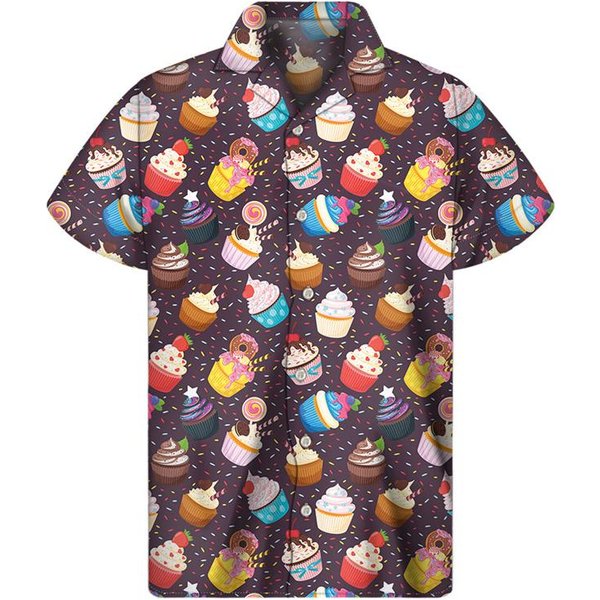 Camisas Hawaianas Con GráFico De Cupcake De Dibujos Animados Para Hombre Camisa De Solapa De Comida Verano Calle Suelta Camisetas BotóN Manga Corta Blusa 4XL Black-image