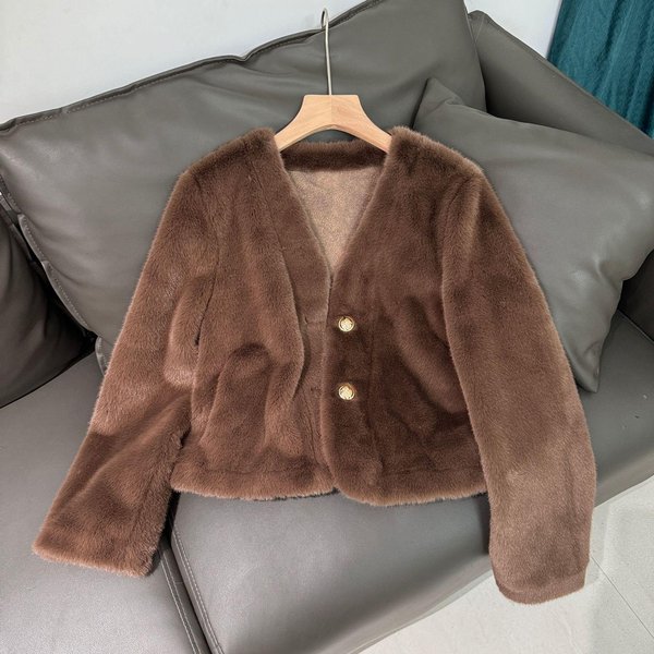 Nuevo Abrigo De Piel De VisóN Dorado Y Terciopelo EcolóGico Todo En Uno Con Escote En V PequeñO Para OtoñO E Invierno One Size Fits All Black-image
