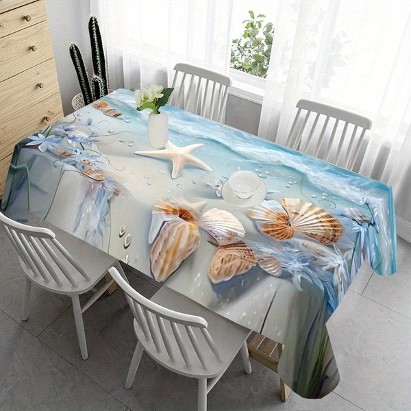 Niebieski Ocean ProstokąTny Obrus Na Stół Dekoracja Letnia PlażA Muszle Rozgwiazdy Palma Nadruk Obrus Na Piknik Wesele 140X180Cm-image