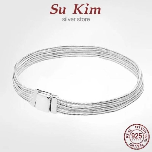 Pulsera Pandora Original De Lujo Plata De Ley 100 % 925 Para Mujer Cadena De Serpiente Brazalete Charm AutéNtico Alta Calidad JoyeríA DIY 20Cm-image