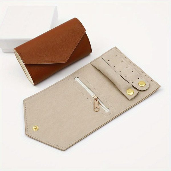 PortáTil Para Viaje Pendientes Anillos Collares Broches Bolsa De Almacenamiento Plegable Mini Rollo Estuche De JoyeríA Organizador De JoyeríA De Viaje MarróN-image
