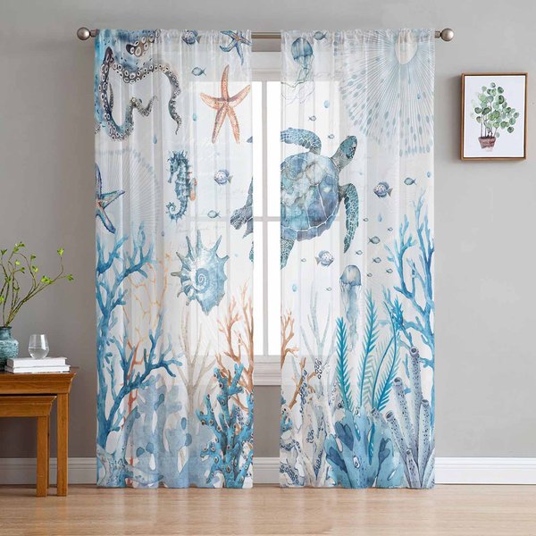 Lato ŻYcie Morskie Koral Morskie ŻółWie Rozgwiazdy Przezroczyste ZasłOny Do Dekoracji Salonu ZasłOny Okienne Kuchnia Tiulowe Woalowe ZasłOny W135 X H137Cm X1-image