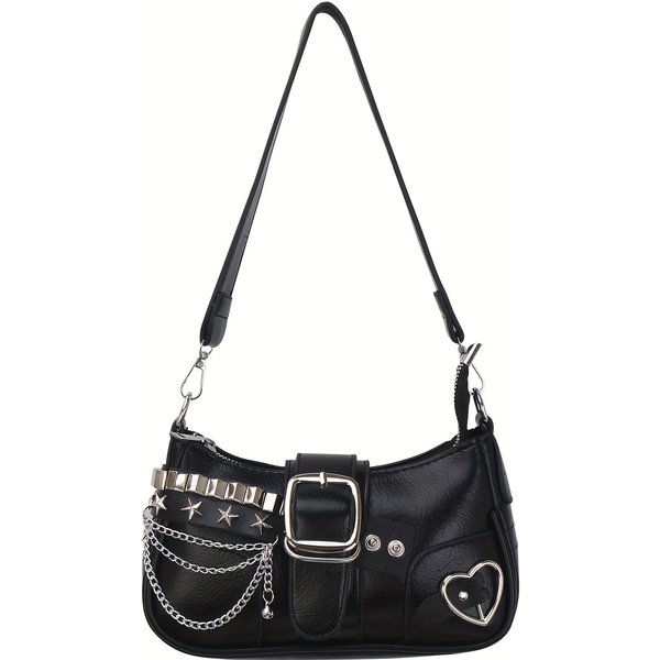 Damska Torba Na Ramię W KoreańSkim Stylu Y2K Z Odpinanym Paskiem Na łAńCuszku, Akcenty W KształCie Gwiazdek, Zamek BłYskawiczny, Torba Crossbody Z Pu, Wszechstronna Torebka PodróżNa One Size Czarny-image