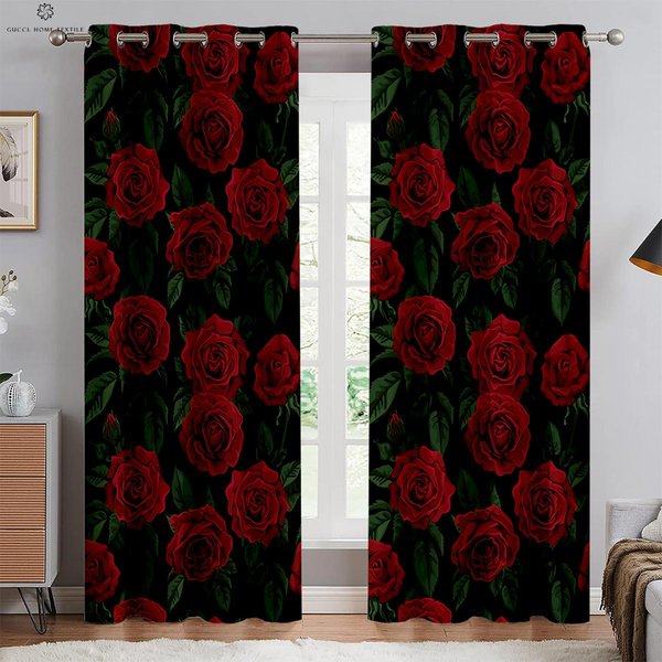 Cortinas De Flores De Rosa Roja, DecoracióN De Ventana, Floral Retro, ImpresióN 3D, Personalizado, Dormitorio, Sala De Estar, Cocina 2 Piezas W50Xh130(Cm)X2Pcs&Grommet Top-image