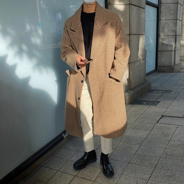 PłAszcz WełNiany W Kratę MęSki śRedniej DłUgośCi W Stylu KoreańSkim Modny Jesienno-Zimowy WiatróWka LuźNy PłAszcz Casualowy L Beige-image