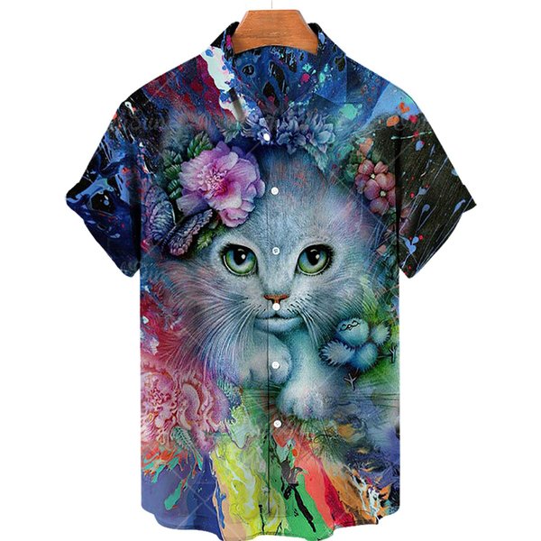 Camisa De Hombre Con Estampado De Gato Lindo Divertido Anime Gatos Camisa De Hombre Con Botones Cuello Solapa Moda Hawaiana Manga Corta Camisa Casual M Black-image