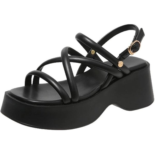 Sandalias De Plataforma Gruesa De Verano Para Mujer Moda Correa Cruzada Zapatos Gladiador Mujer Sandalias Con CuñA De TacóN De Suela Gruesa Para Mujer 39 Black-image
