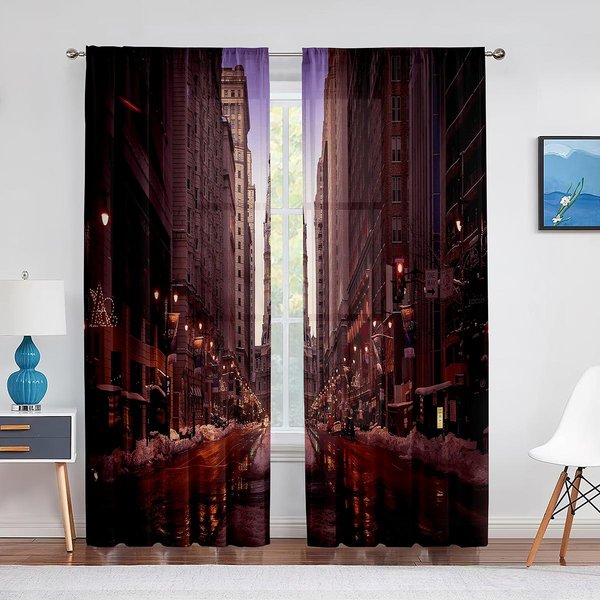 USA Krajobraz Most I Budynki Widok Nocny Tiulowe ZasłOny Do Salonu Sypialni Kuchni Okna Szyfonowe Przezroczyste ZasłOny Rolety 1 PCS W100Xh250Cm&Grommet Top Black-image