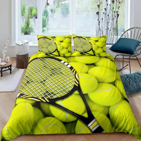 Juego De Funda NóRdica De Pelota De Tenis Juego De Cama TemáTico De Juego Deportivo TamañO Individual Para NiñOs Adolescentes Adultos Funda NóRdica De Pelota Raqueta De Tenis EU Single(135X200Cm) Yellow-image