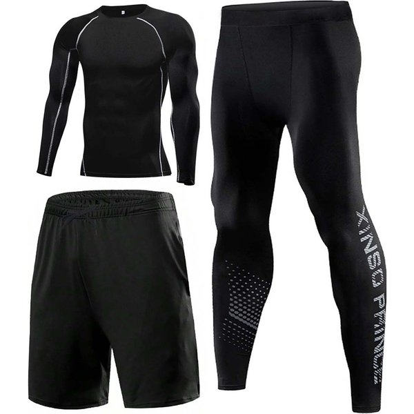 3 Sztuk/Zestaw MęSka SiłOwnia StróJ Kompresyjny DłUgie RęKawy Ubrania Bieganie Legginsy Do ćWiczeń ćWiczenia Dres Odzież Sportowa M-image