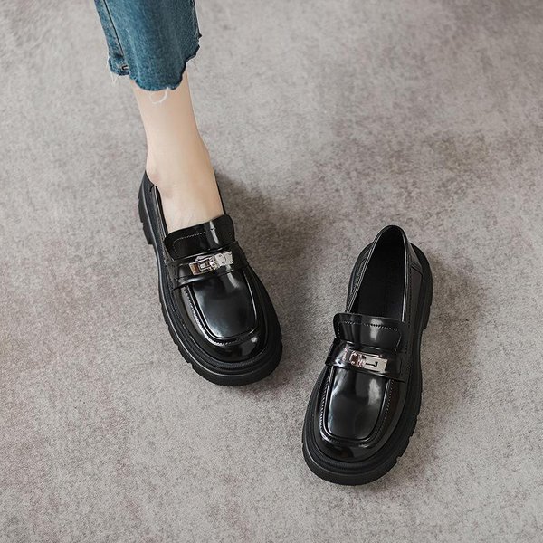 Mocasines De Suela Gruesa Con Cierre De Cuero, Zapatos De Mujer De Estilo BritáNico, Suela Suave, Zapatos Individuales Con Aumento, TacóN Grueso Suelto 40 Negro-image