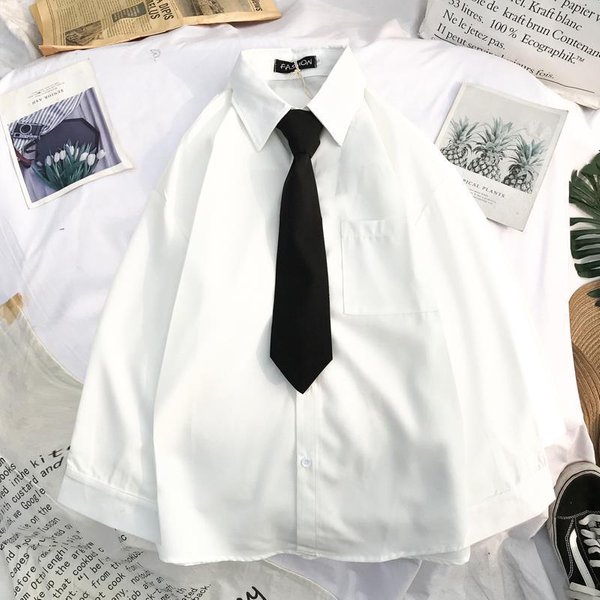 Primavera OtoñO Manga Larga Suelta Estudiante Blusas Camisas Mujeres Blanco Negro Turn Down Collar Casual Camisa De Gran TamañO Vintage Tops L-image