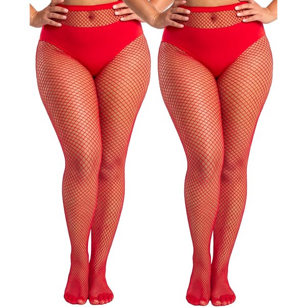2 Pares De Medias De Red Negras Talla Grande Para Mujer Pantimedias De Red De Cintura Alta One Size Red-image