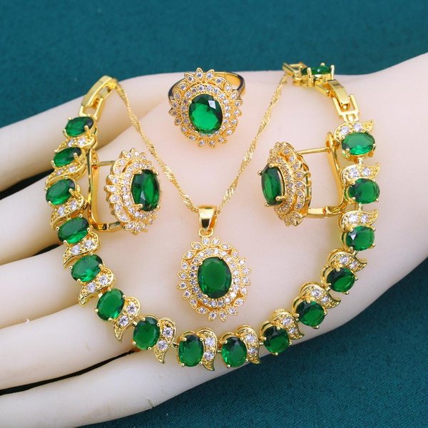 Nuevos Conjuntos De JoyeríA Chapados En Oro Con Circonita Verde Para Mujeres Pendientes De Cristal Collar Anillo Ajustable Pulsera Regalo De Boda Resizable Beige-image