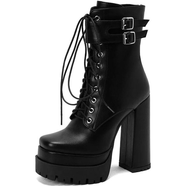 Damskie Buty Na Platformie Sznurowane Super Wysokie Grube Obcasy Botki Modne Buty Damskie Jesień Zima Wyprzedaż Nowe 38-image