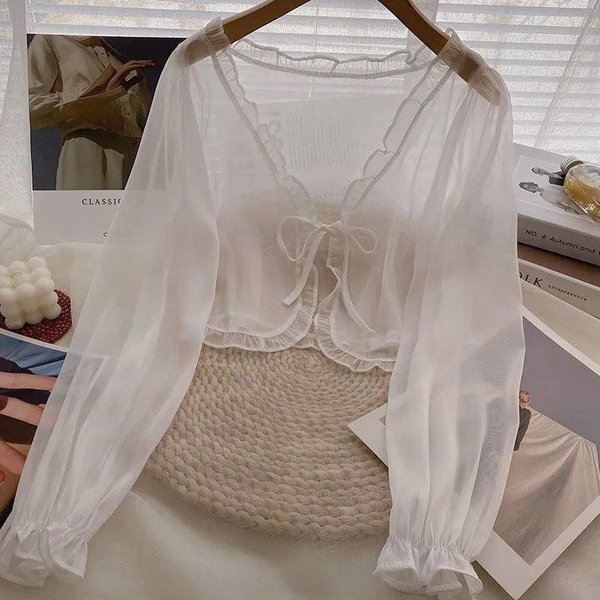Chal Con Falda Camisola Y Funda Exterior, CáRdigan De Gasa, Chaqueta De ProteccióN Solar Para Estudiantes De Verano Para Mujer, Estilo Corto S Gray-image