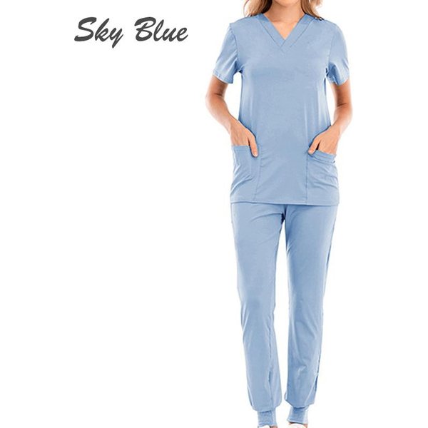 Conjunto De Uniforme Con Cuello En V Para Hospital Unisex, Trajes Exfoliantes De Color SóLido Con Bolsillo, Bata QuirúRgica Para Correr, Moda S Azul Cielo-image