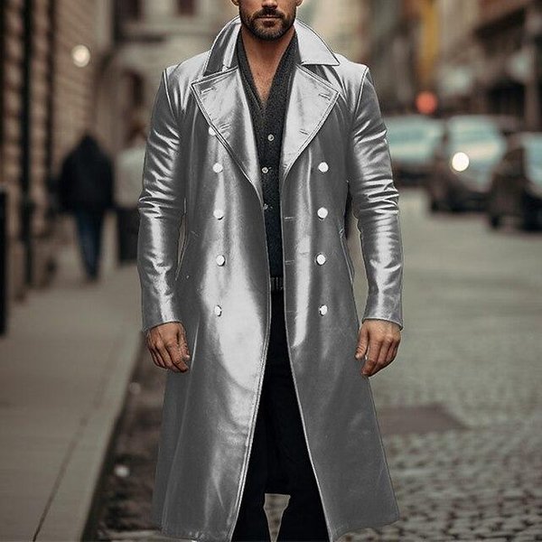 Nuevo Abrigo Trench Largo De Cuero Para OtoñO E Invierno Para Hombre, Chaqueta De Cuero De Doble Botonadura, Abrigo De Cuero Para Hombre M-image