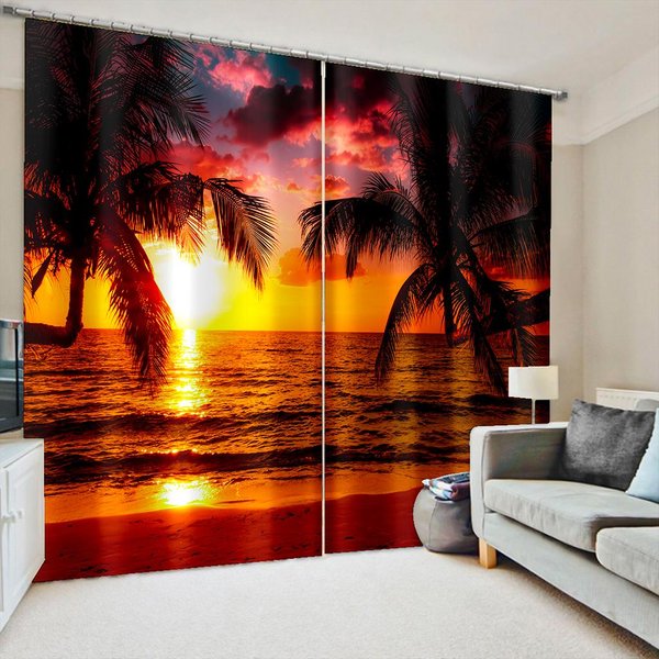 Naturaleza Paisaje Atardecer Playa Cielo Mar ÁRbol Cortinas Persianas Para Sala De Estar Dormitorio Infantil BañO Cocina Puerta DecoracióN Del Hogar 2 Piezas W65X60H(Cm)X2Pcs&Grommet Top-image