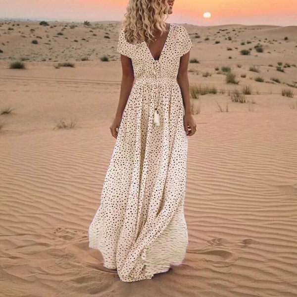 Vestido Maxi Largo De Verano Para Mujer Con Cuello En V Para Vacaciones En La Playa Vestido De Verano Boho Para Vacaciones Xxxl Beige-image