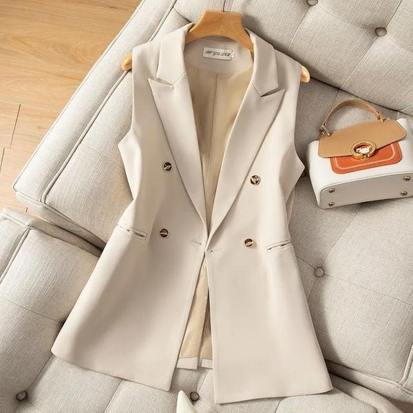 Primavera Verano Traje De Doble Botonadura Chaleco Mujer Colores SóLidos Sin Mangas Chaleco Coreano Ropa De Calle Ladie Chaqueta De DiseñAdor De Negocios Abrigo L Beige-image