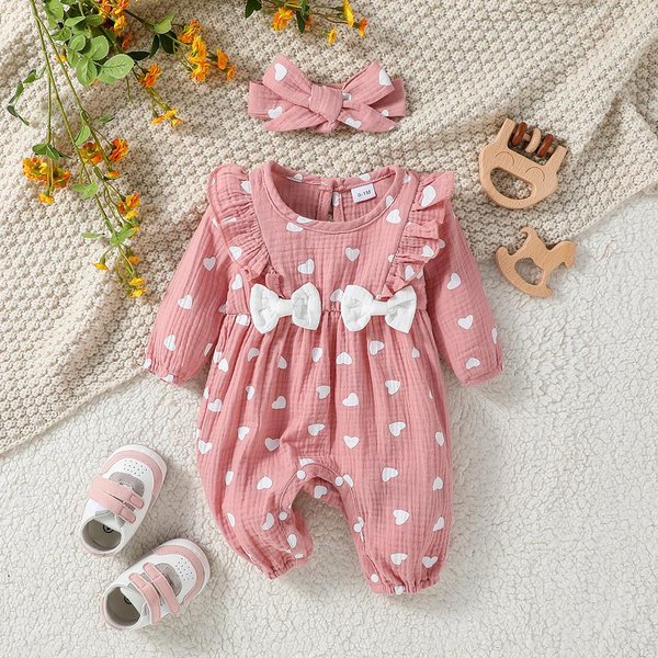 Mono Floral Estampado De Manga Larga Para Bebé NiñA Todas Las Estaciones Con Lazo Ropa Diaria Para ReciéN Nacido-6M + Diadema 0-1M Pink-image